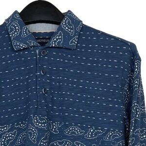 Cremieux Polo Shirt PAISLEY Mens M LONG SLEEVE Blue Leaf Print Soft Cotton